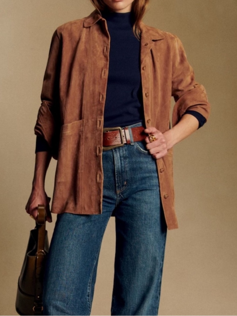 Sezane Will Jacket - Suede Goat Leather in Color Camel